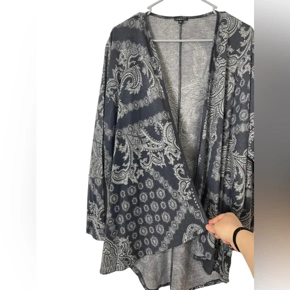 HANNAH Paisley Print Grey Open Front Knitted Cardigan Sweater Size L - Picture 4 of 10